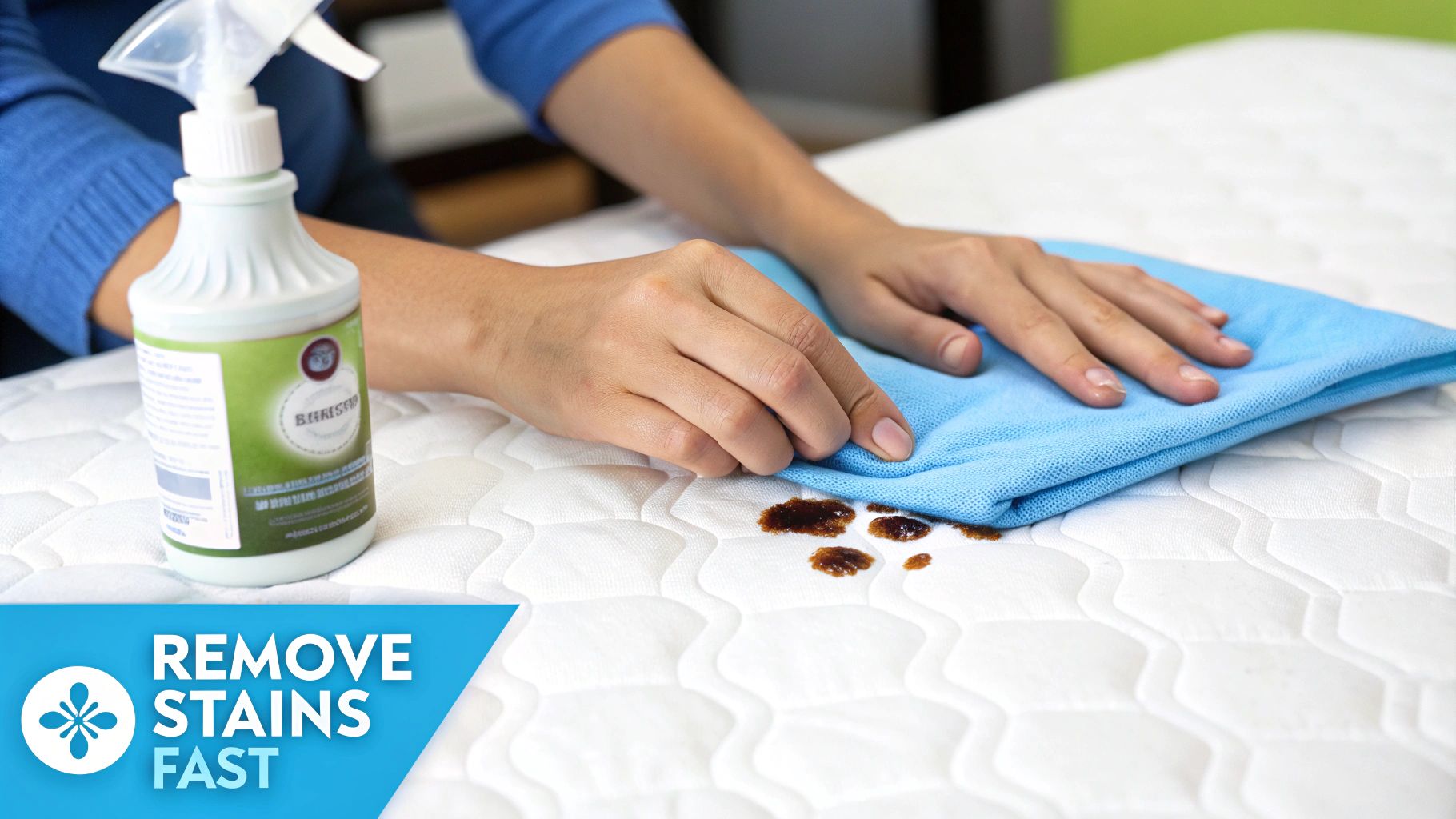 A person's hands cleaning a brown stain on a white mattress topper with a blue cloth and spray cleaner.