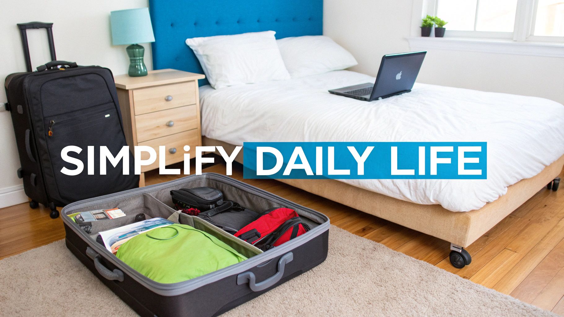 A neatly packed open suitcase and a standing luggage in a bedroom with a bed and a laptop.