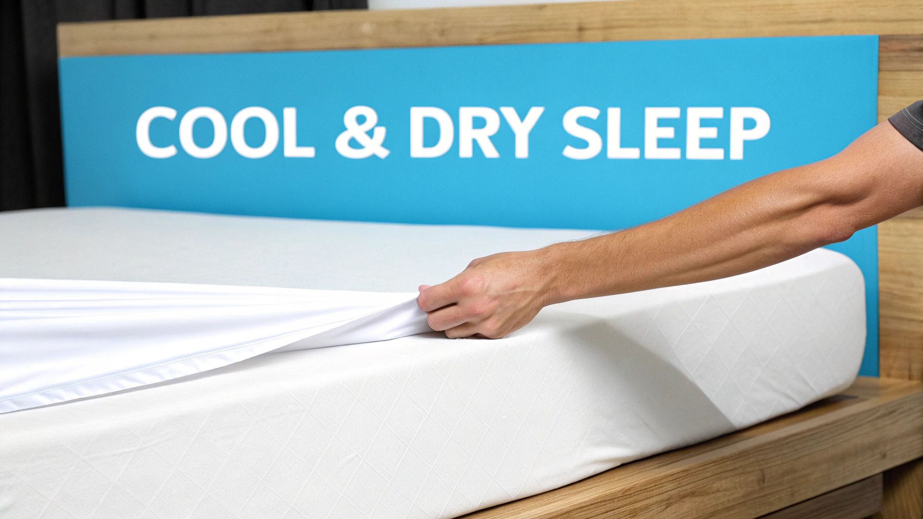 A person's hand adjusts a white fitted sheet on a mattress with a 'COOL & DRY SLEEP' headboard.