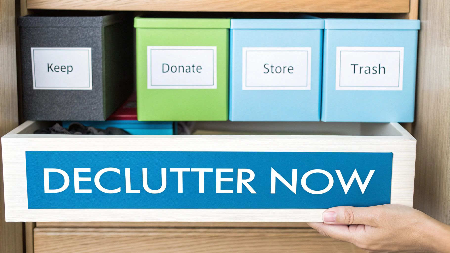 A hand pulls out a "DECLUTTER NOW" drawer below labeled boxes for "Keep," "Donate," "Store," and "Trash."