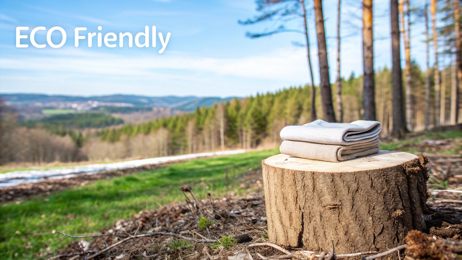 Two folded natural fabric cloths on a tree stump in a sunny forest clearing, with 'ECO Friendly' text.