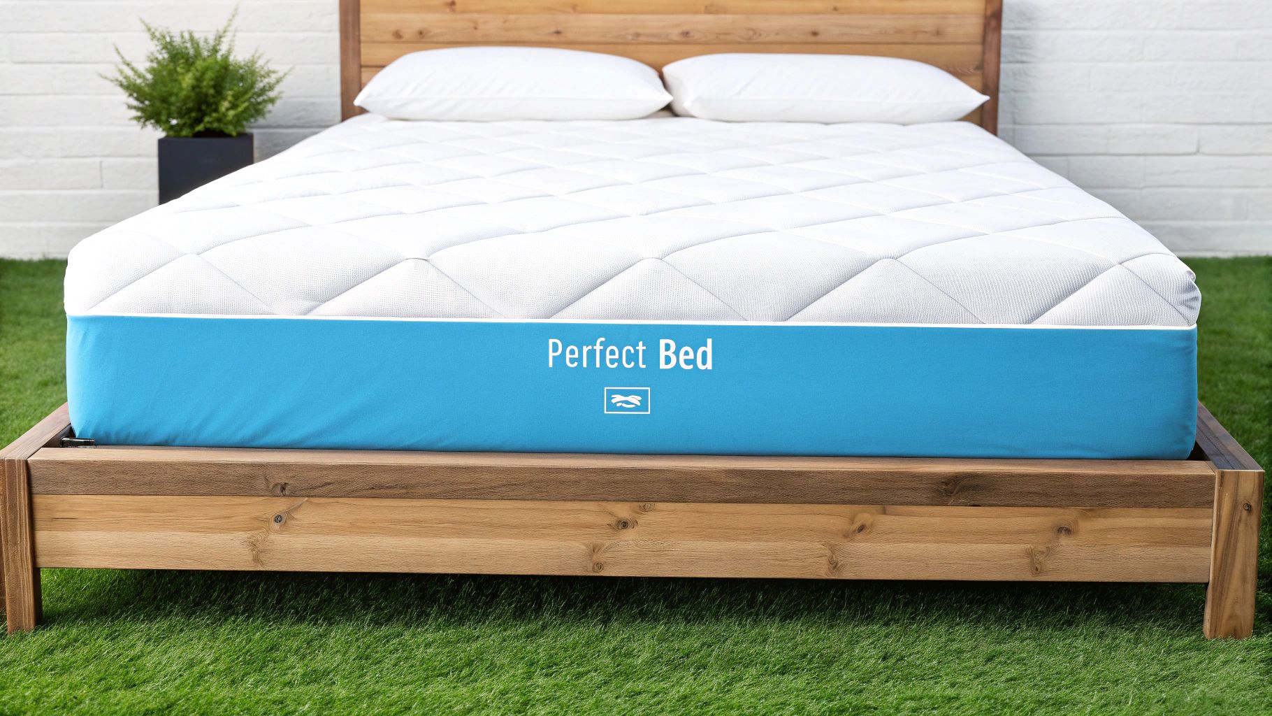 A 'Perfect Bed' mattress on a wooden frame with white pillows, set outdoors on green grass.