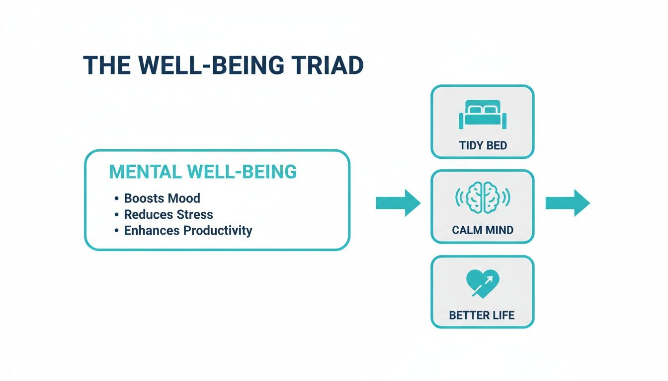 Diagram illustrating the Well-Being Triad, connecting mental well-being to a tidy bed, calm mind, and a better life.