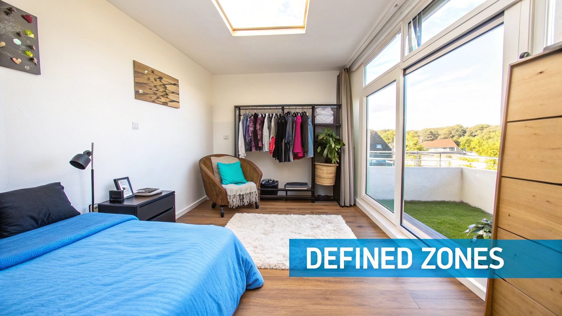 A bright and organized modern bedroom with a bed, clothing rack, chair, and large window to a balcony.