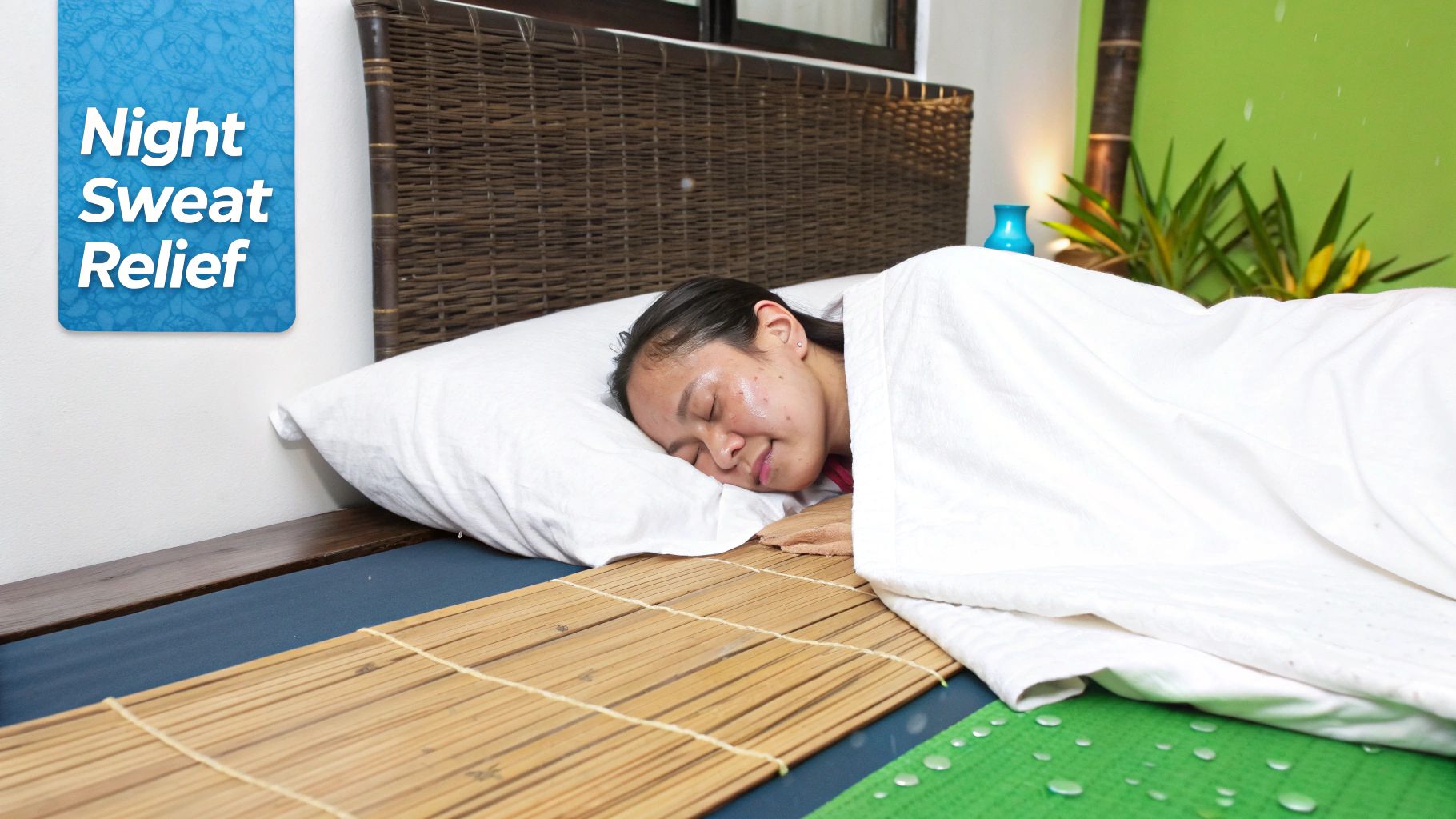 A person sleeping soundly on a bed with a bamboo mat, next to a “Night Sweat Relief” sign.