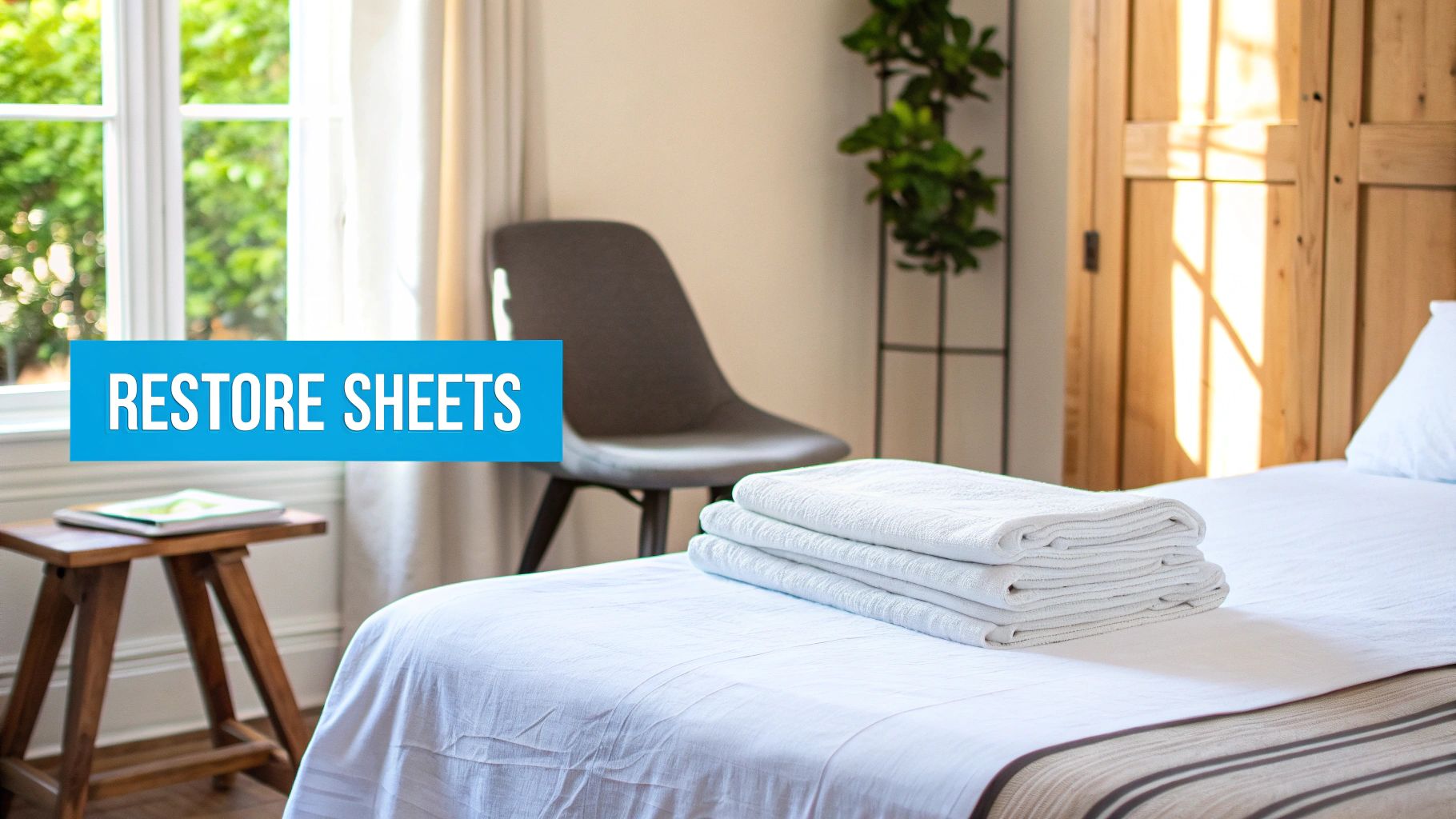 A bright bedroom with a neatly made bed, white sheets, and a stack of clean white towels.