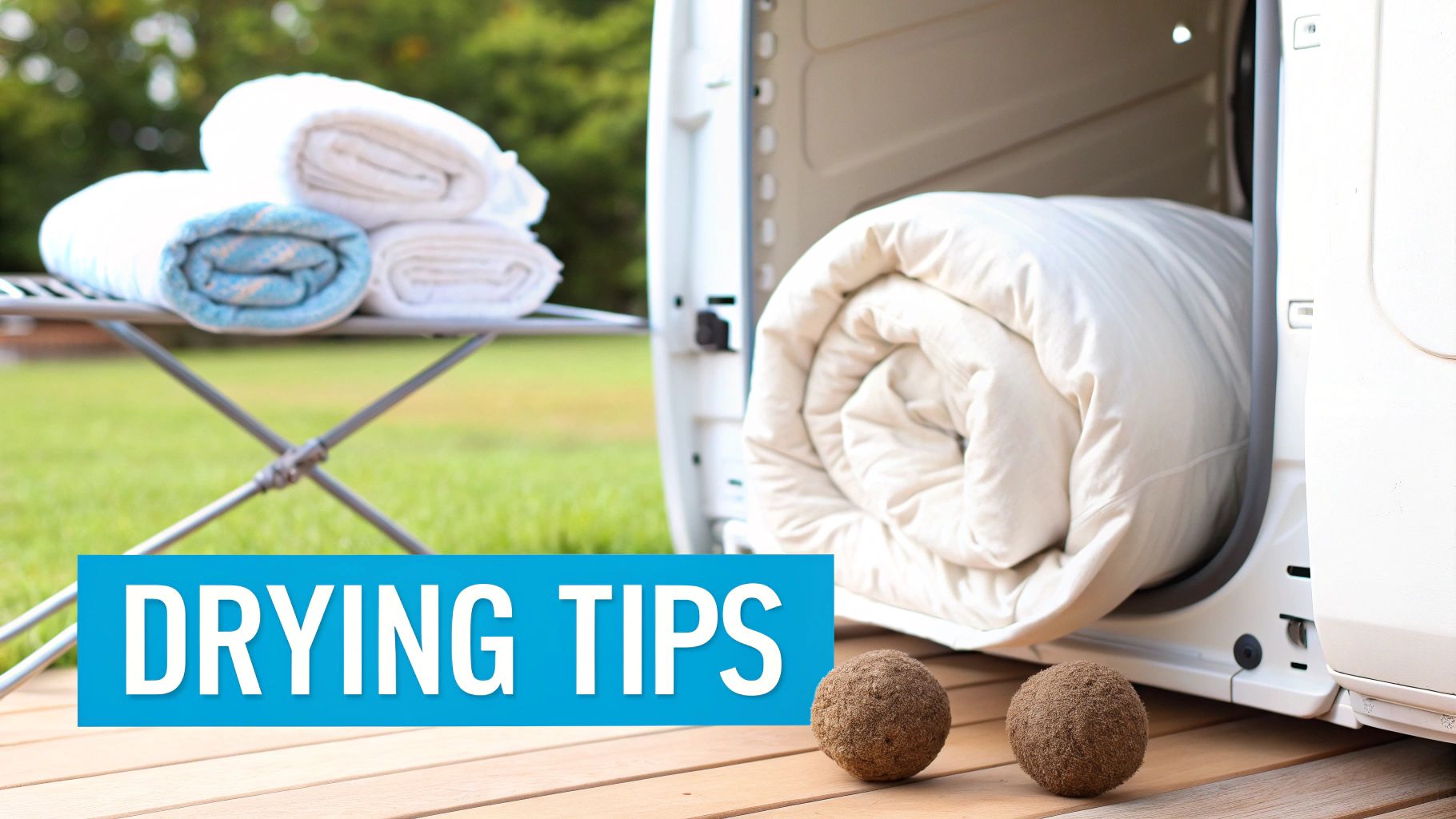 Laundry day outdoors with towels on a drying rack and a rolled duvet in a dryer, along with dryer balls.