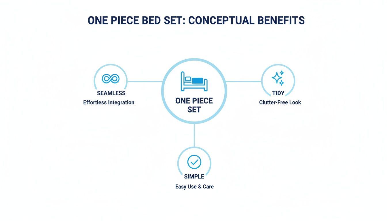 A diagram illustrating the conceptual benefits of a one-piece bed set: seamless, tidy, and simple.