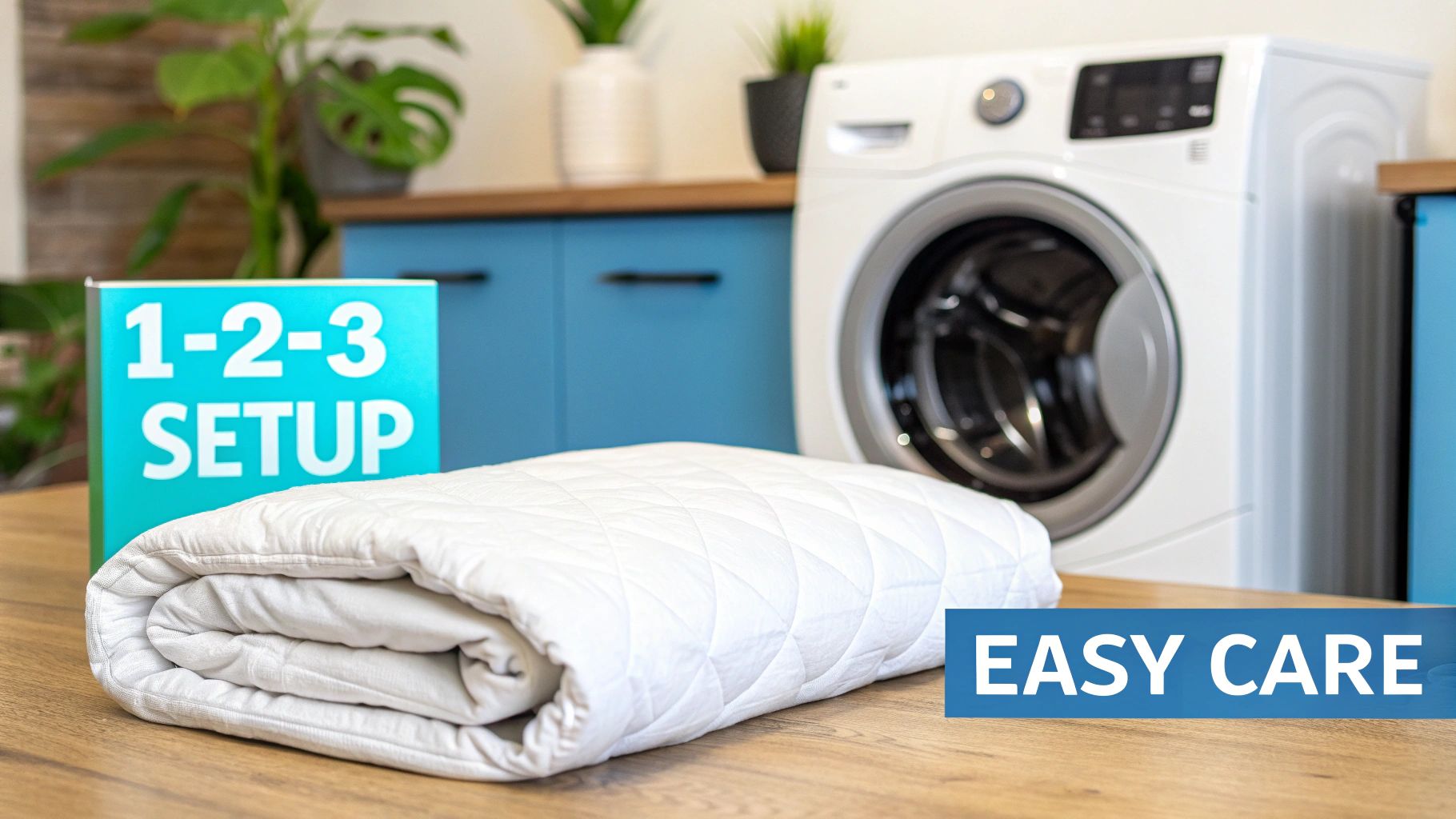A folded white quilted blanket lies on a wooden surface with '1-2-3 SETUP' and 'EASY CARE' signs, next to a washing machine.