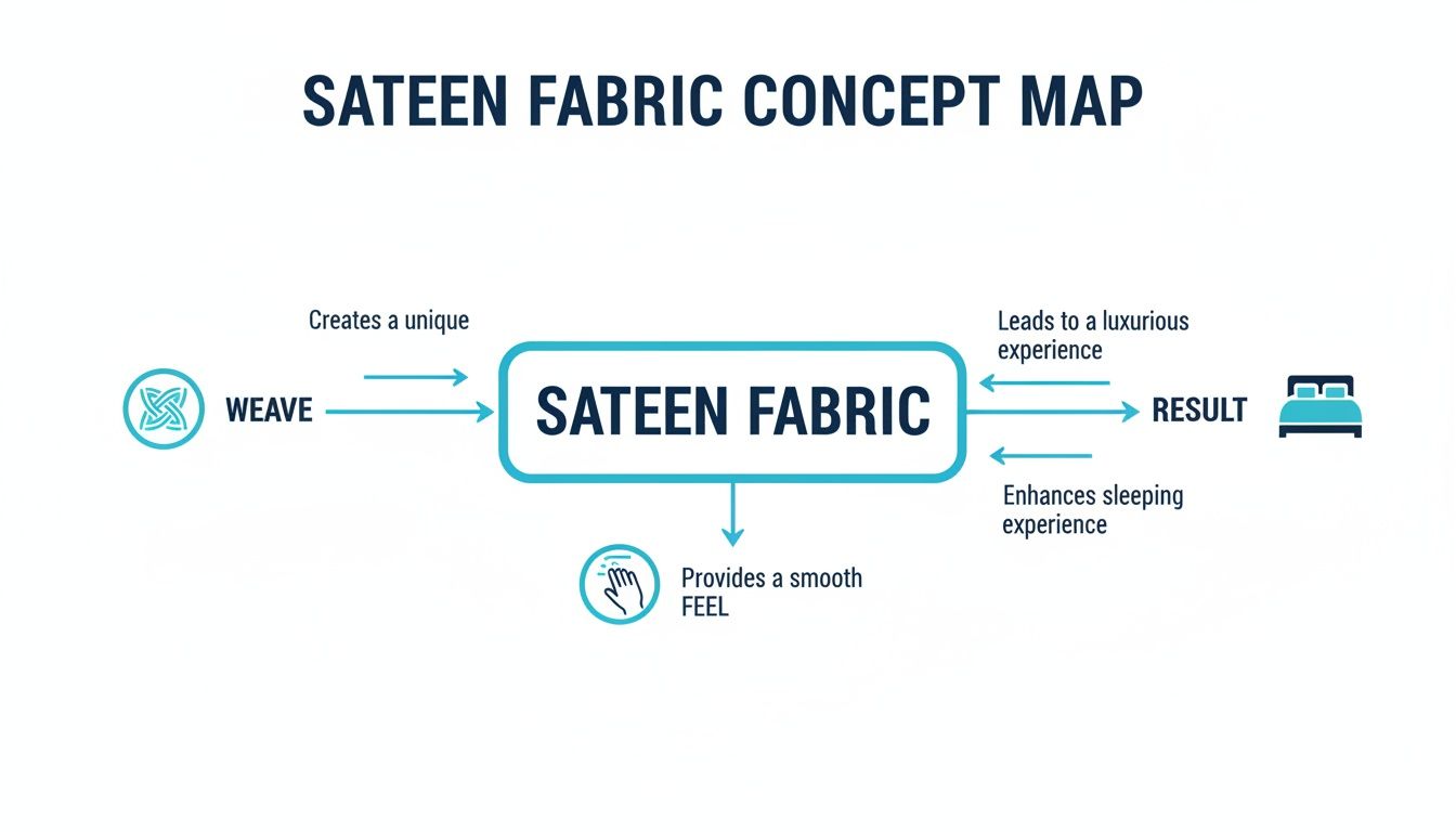 Concept map illustrating sateen fabric's unique weave, smooth feel, and luxurious sleeping experience.