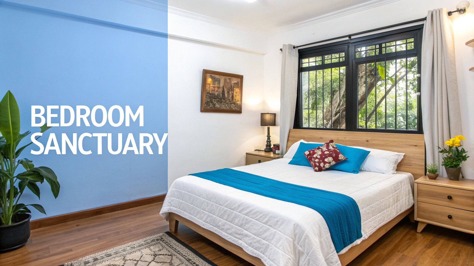 A bright and inviting bedroom with a wooden bed frame, white bedding, blue accents, and a large window overlooking lush greenery.