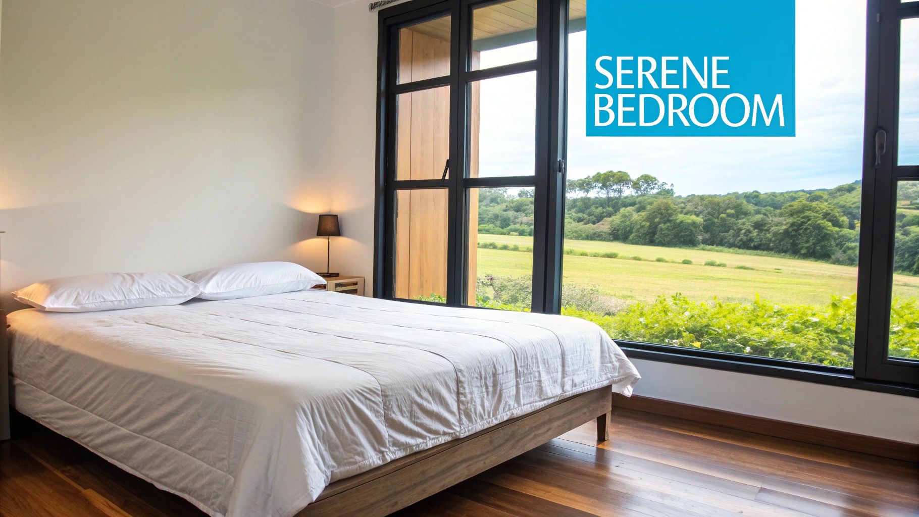 A bright bedroom featuring a bed with white linen, two pillows, and a large window overlooking a lush green landscape.