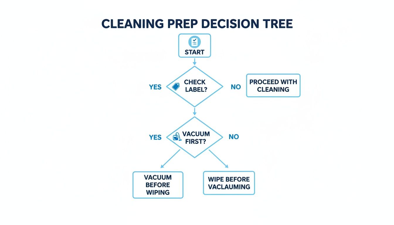 Flowchart outlining the cleaning preparation decision tree, starting with checking labels, then determining whether to vacuum first.