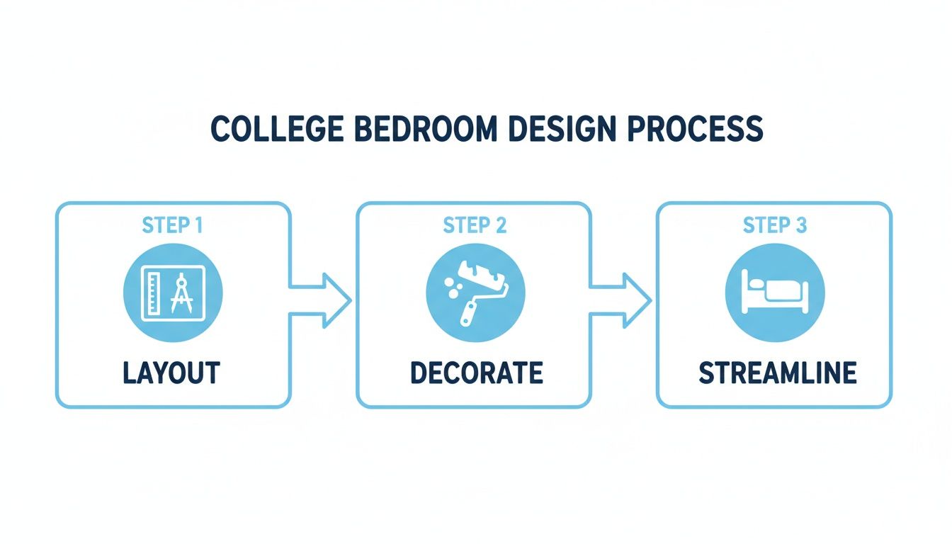 A diagram illustrating the three-step college bedroom design process: layout, decorate, and streamline.