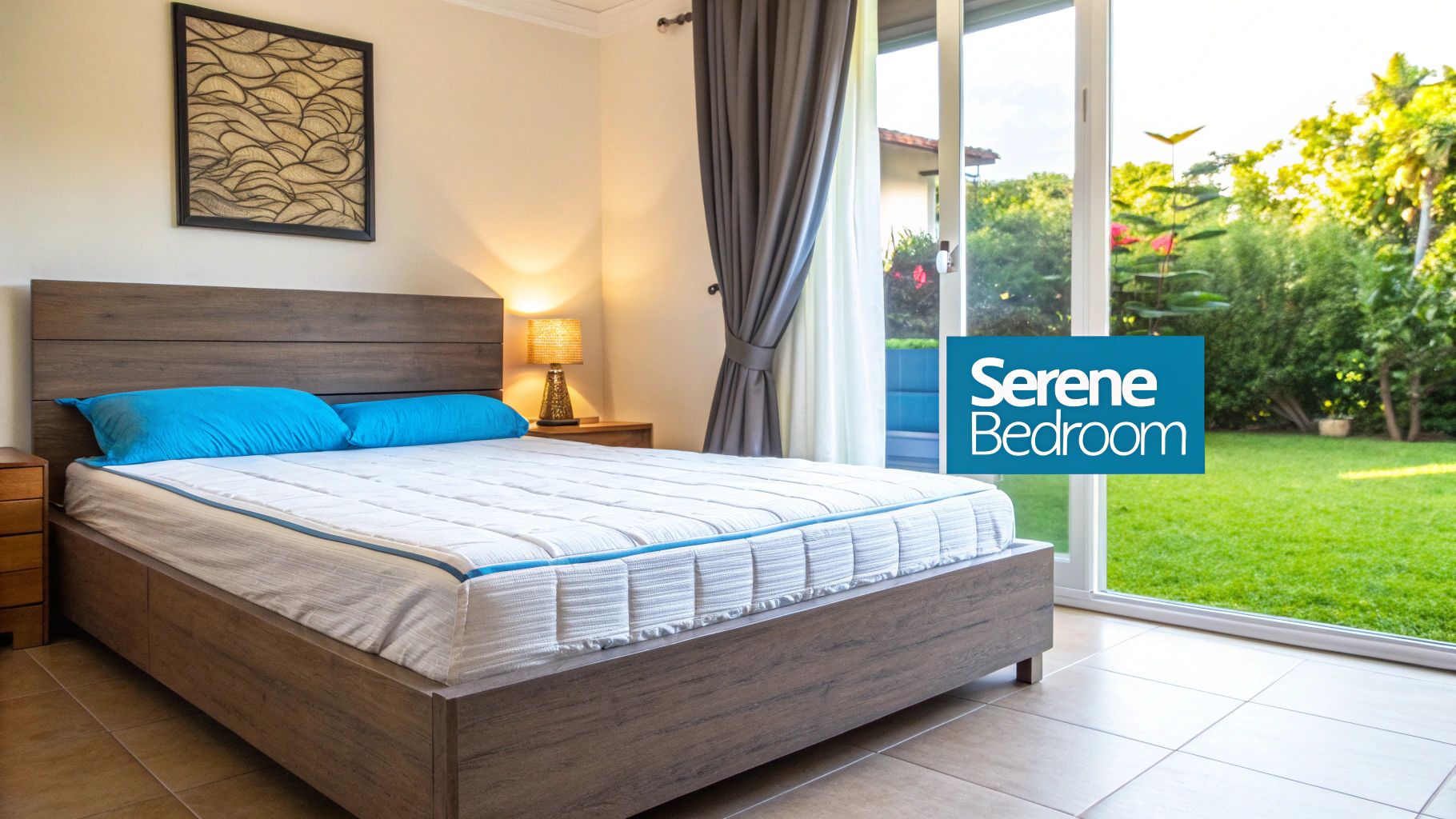 Modern bedroom with a wooden bed, white mattress, blue pillows, and a large window overlooking a garden.