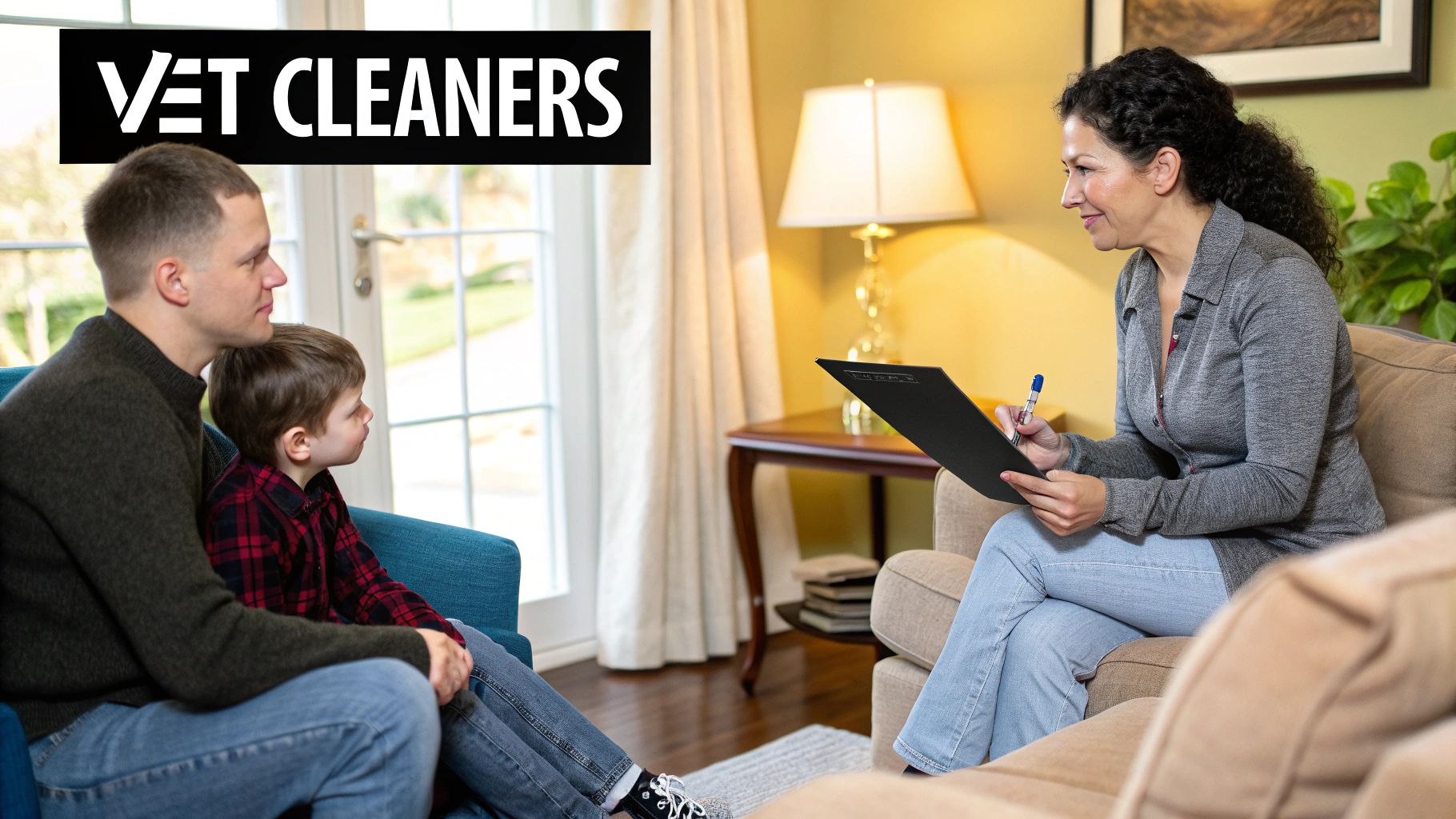 A friendly professional cleaner being interviewed by a senior and their family member in a living room.
