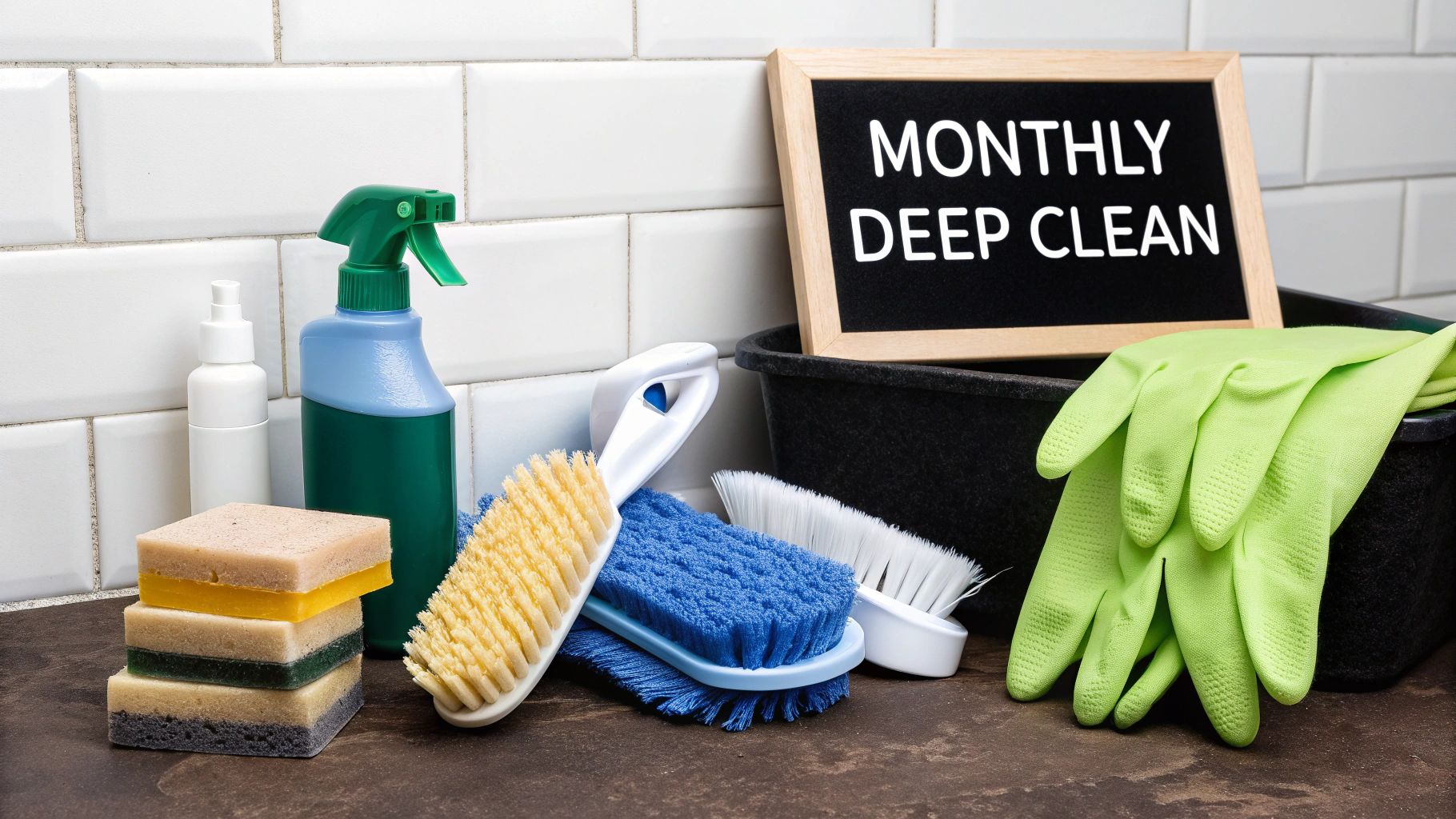 A person is happily wiping down a clean kitchen counter.