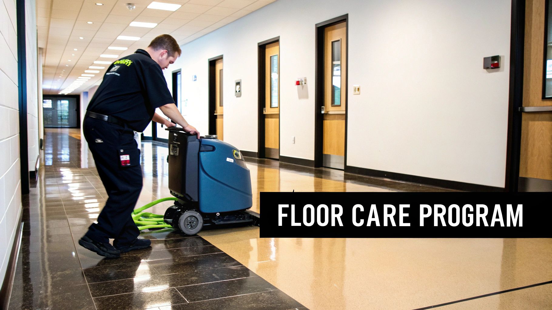 A professional cleaner using a floor polishing machine on a shiny, clean floor, demonstrating a key step in a Floor Care and Maintenance Program.