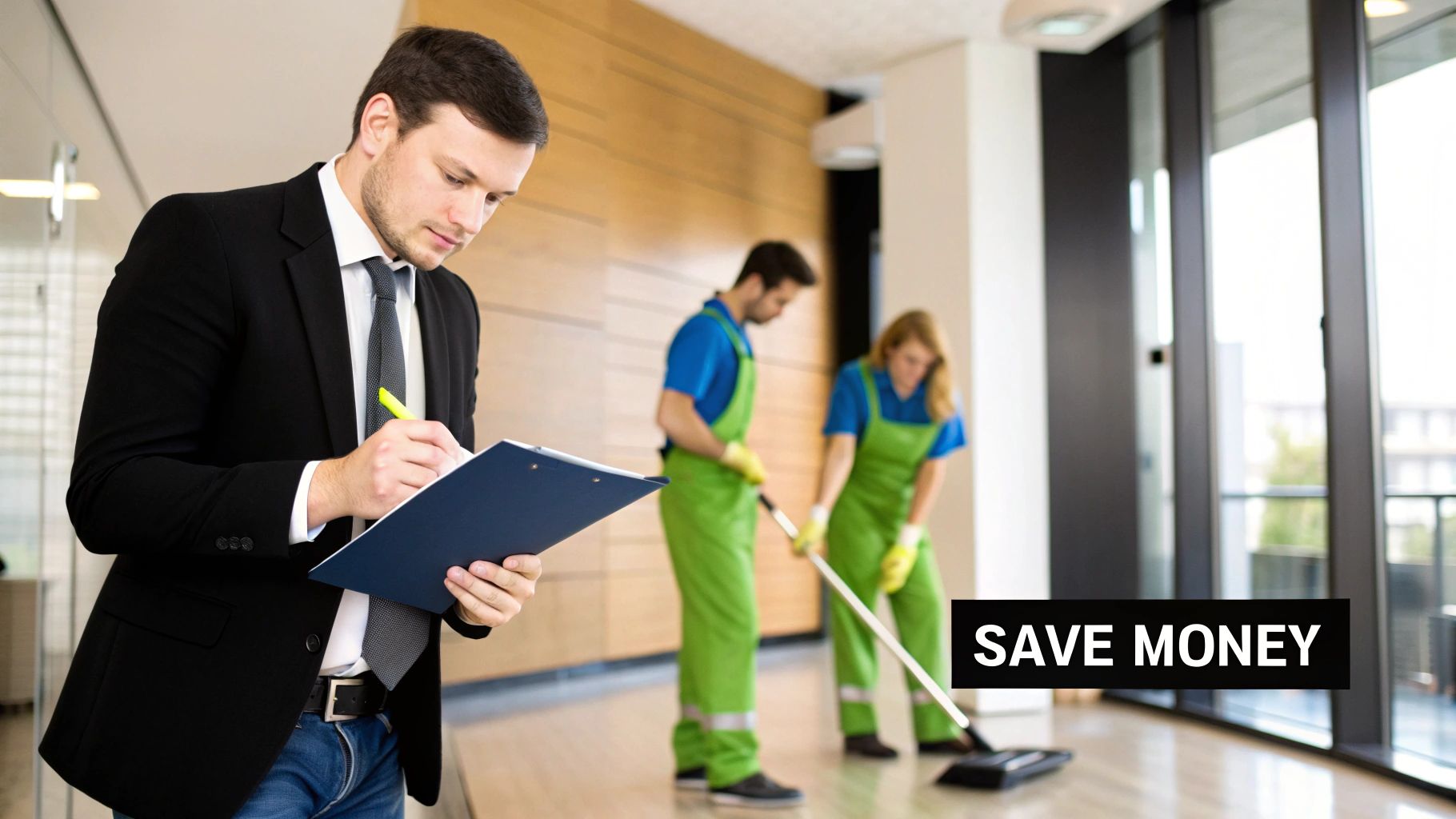 A person using a laptop to look at an office cleaning cost calculator.