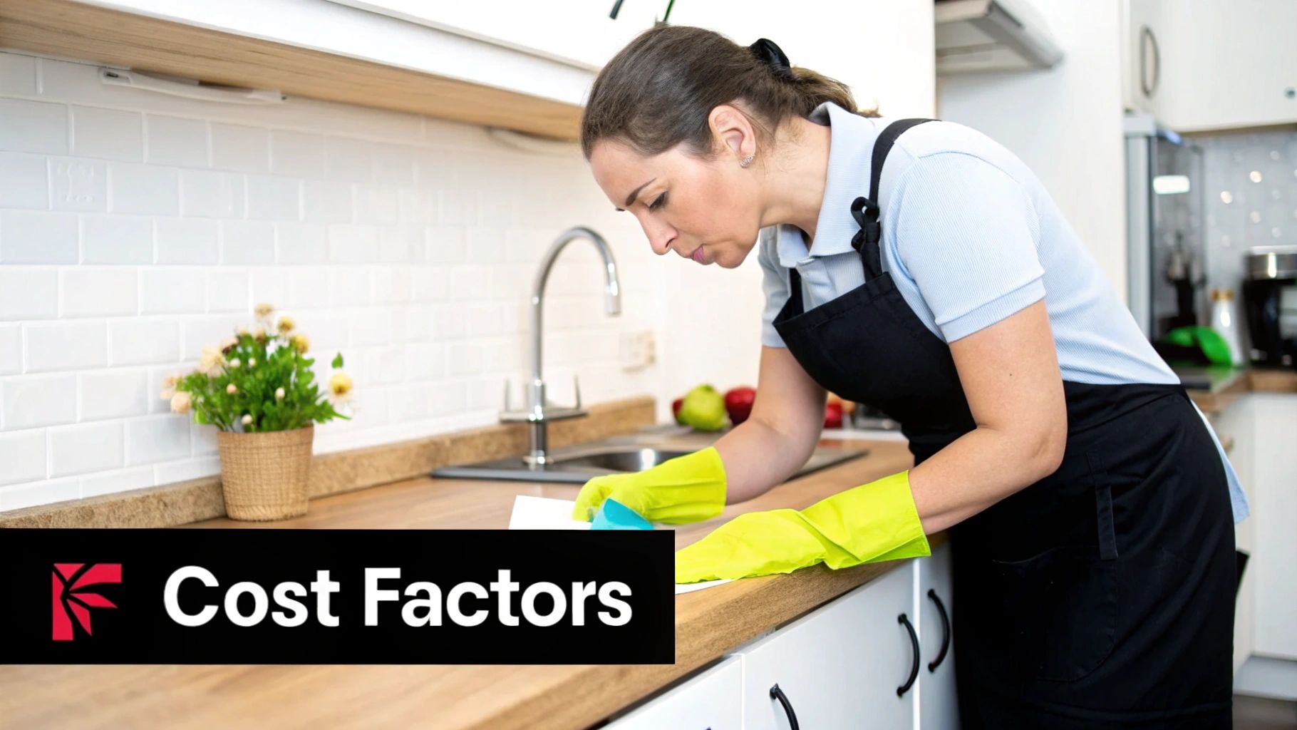 A smiling professional cleaner wiping down a kitchen countertop in a modern home.