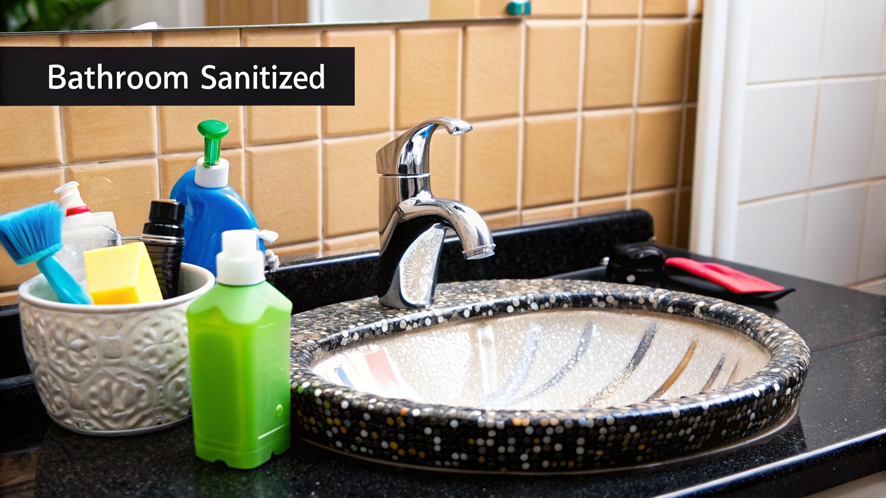 A freshly deep cleaned modern bathroom with sparkling fixtures and clean tiles