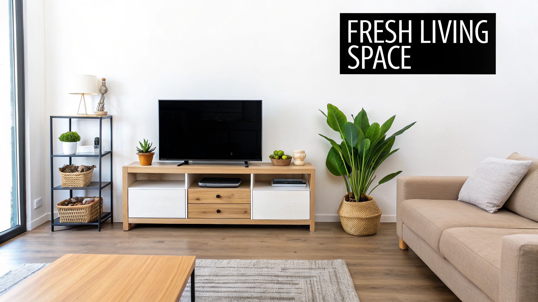 A bright and airy living room with clean furniture and floors, reflecting a deep clean.
