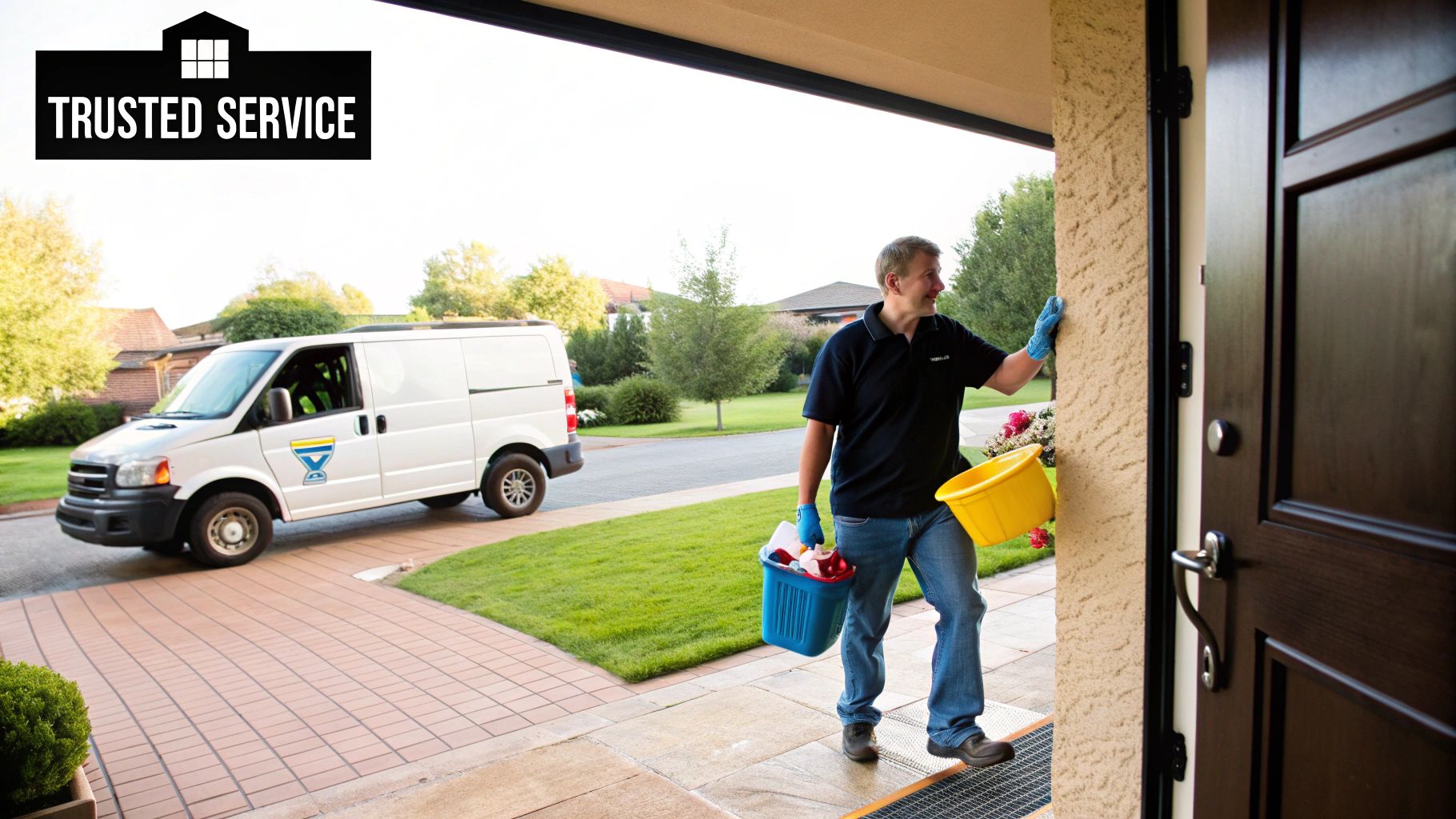A friendly professional cleaner with a cart of supplies, smiling in a clean hallway.