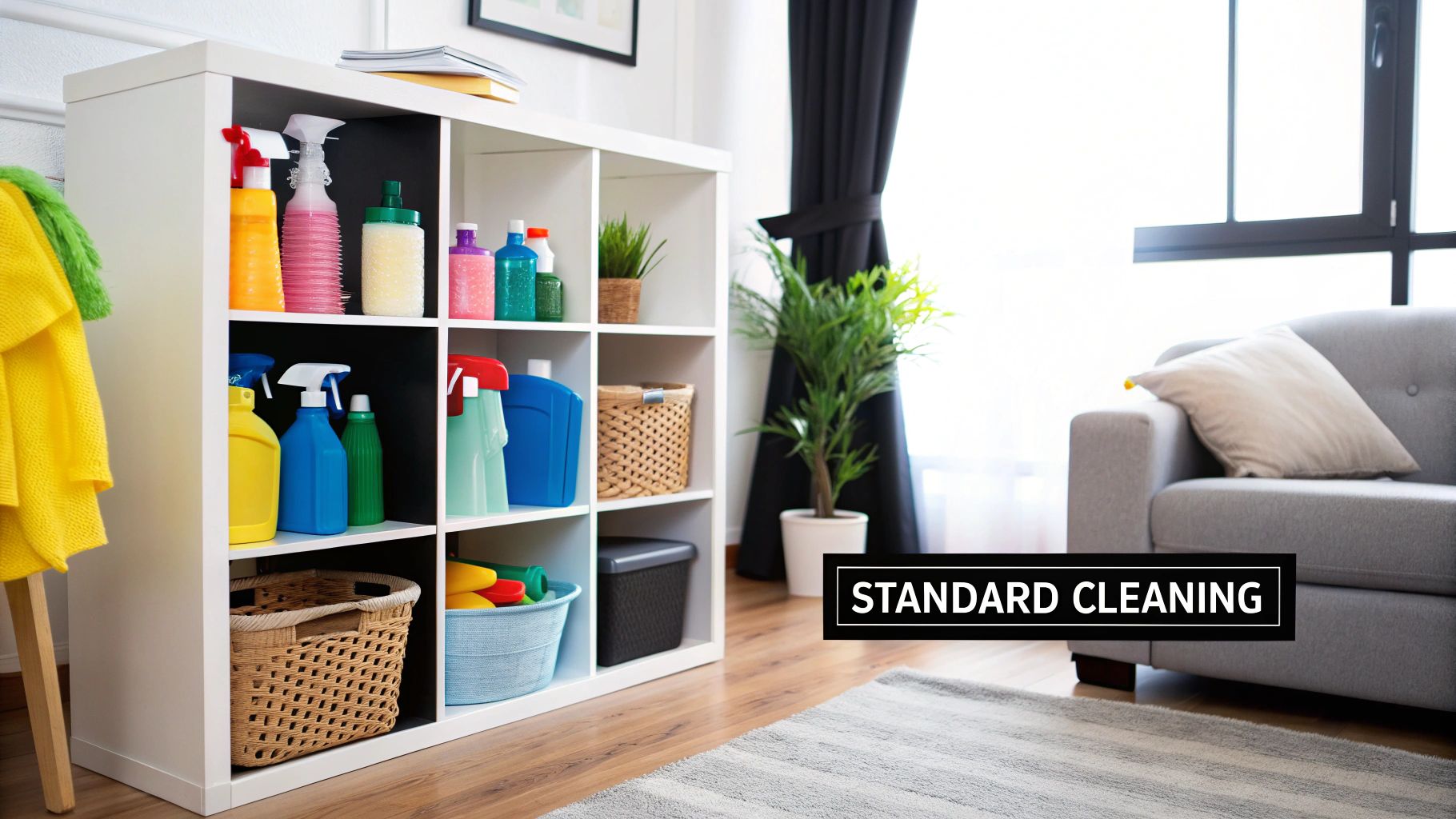 A clean and tidy modern living room, representing a standard house cleaning.