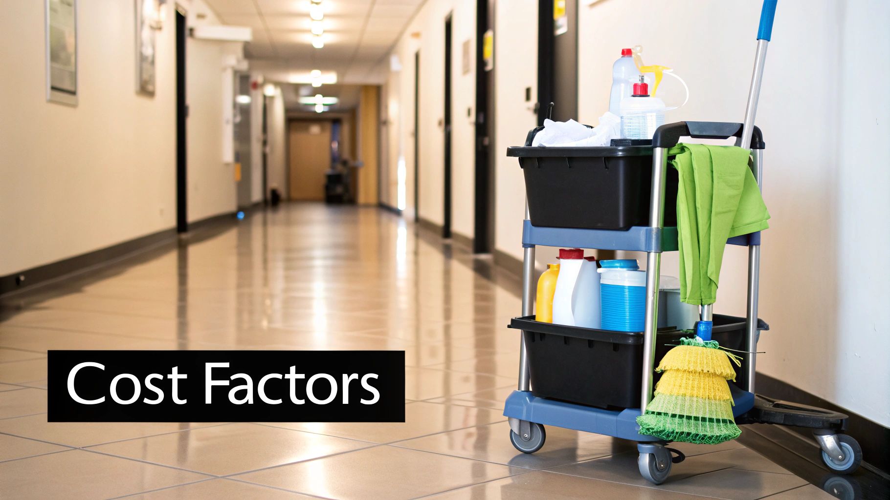 Two professional cleaners working together in a modern office space, one mopping and the other wiping a surface.