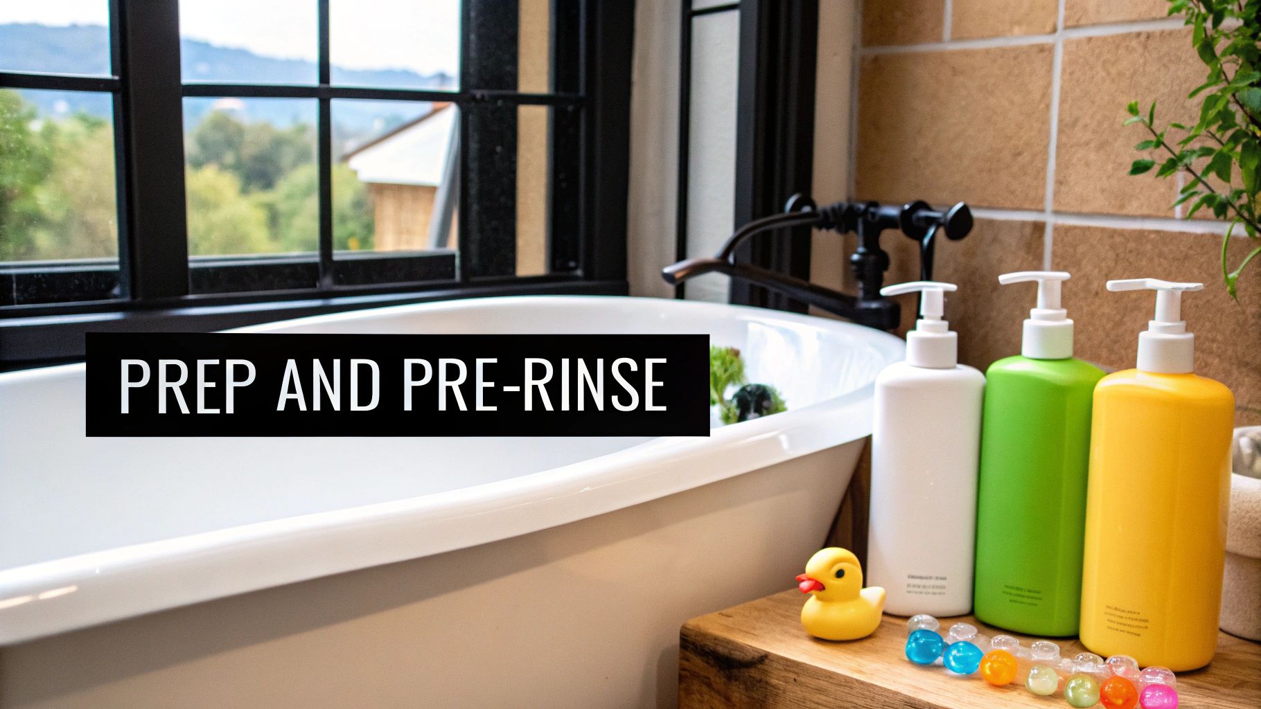 A clean, organized bathtub with cleaning supplies nearby, ready for deep cleaning.