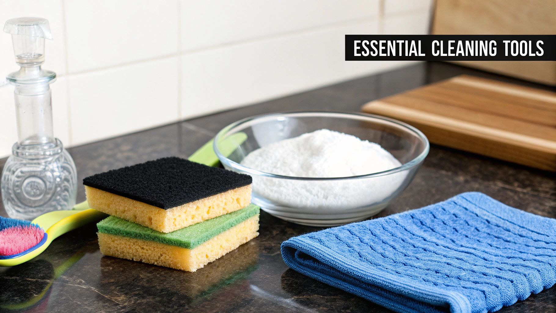 A collection of bathtub cleaning supplies, including sponges, brushes, and spray bottles, neatly arranged.