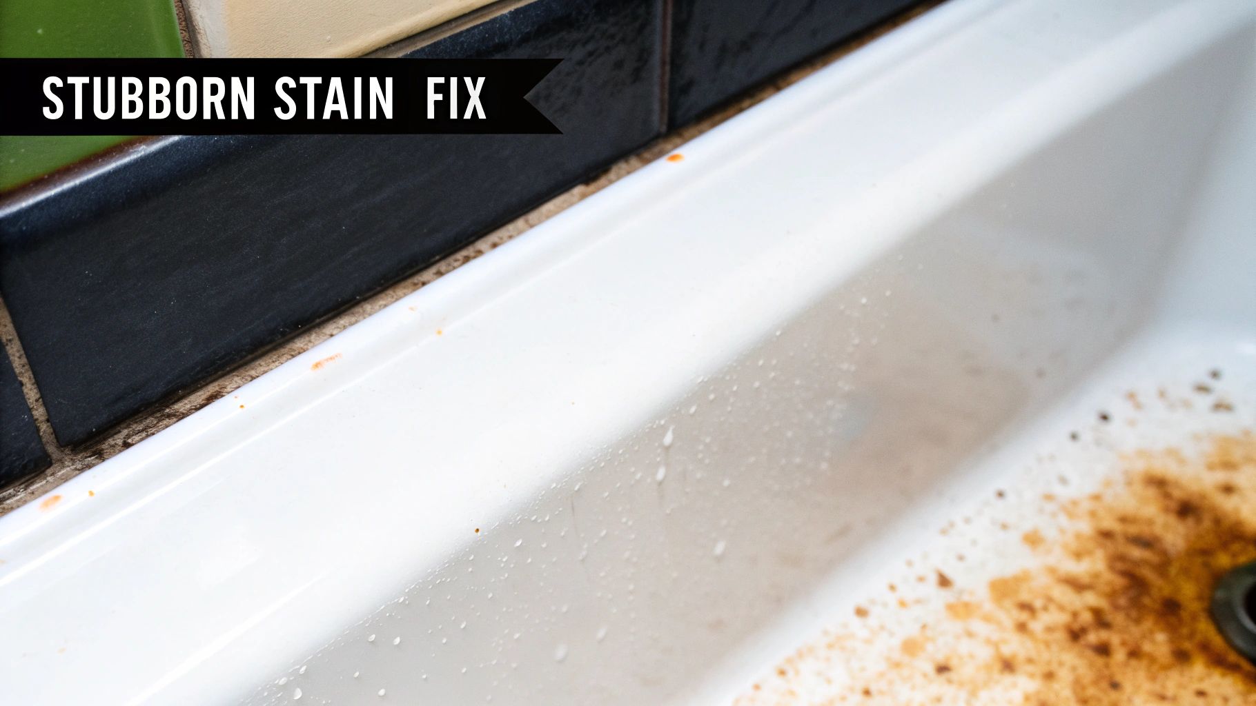 A close-up shot of a stubborn rust stain in an otherwise clean white bathtub.
