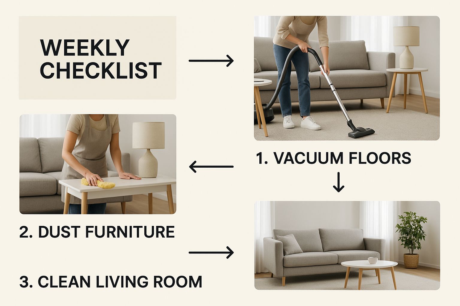 Infographic showing a weekly house cleaning checklist with tasks for each day of the week.