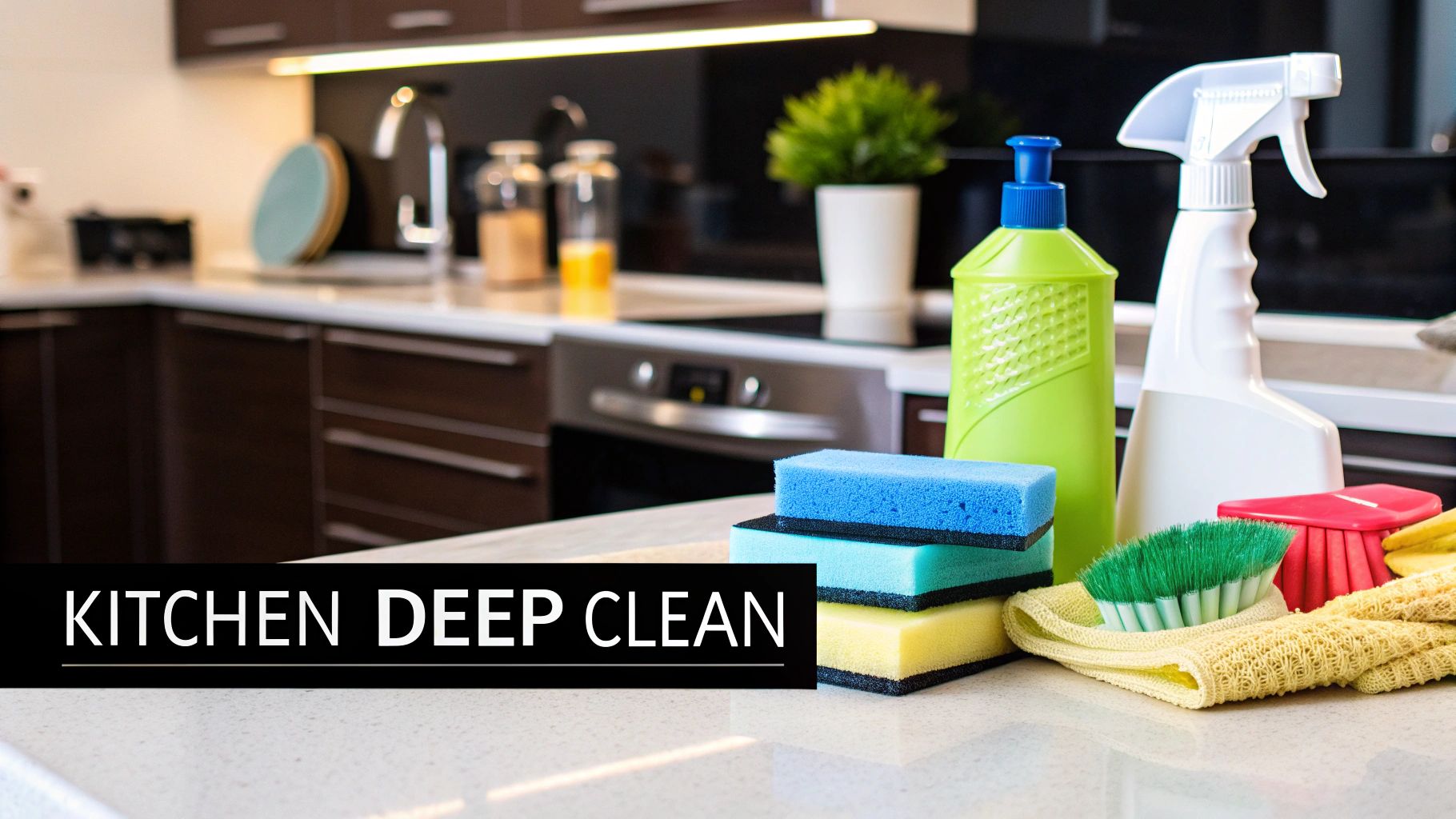 A person deep cleaning a kitchen stove top and backsplash