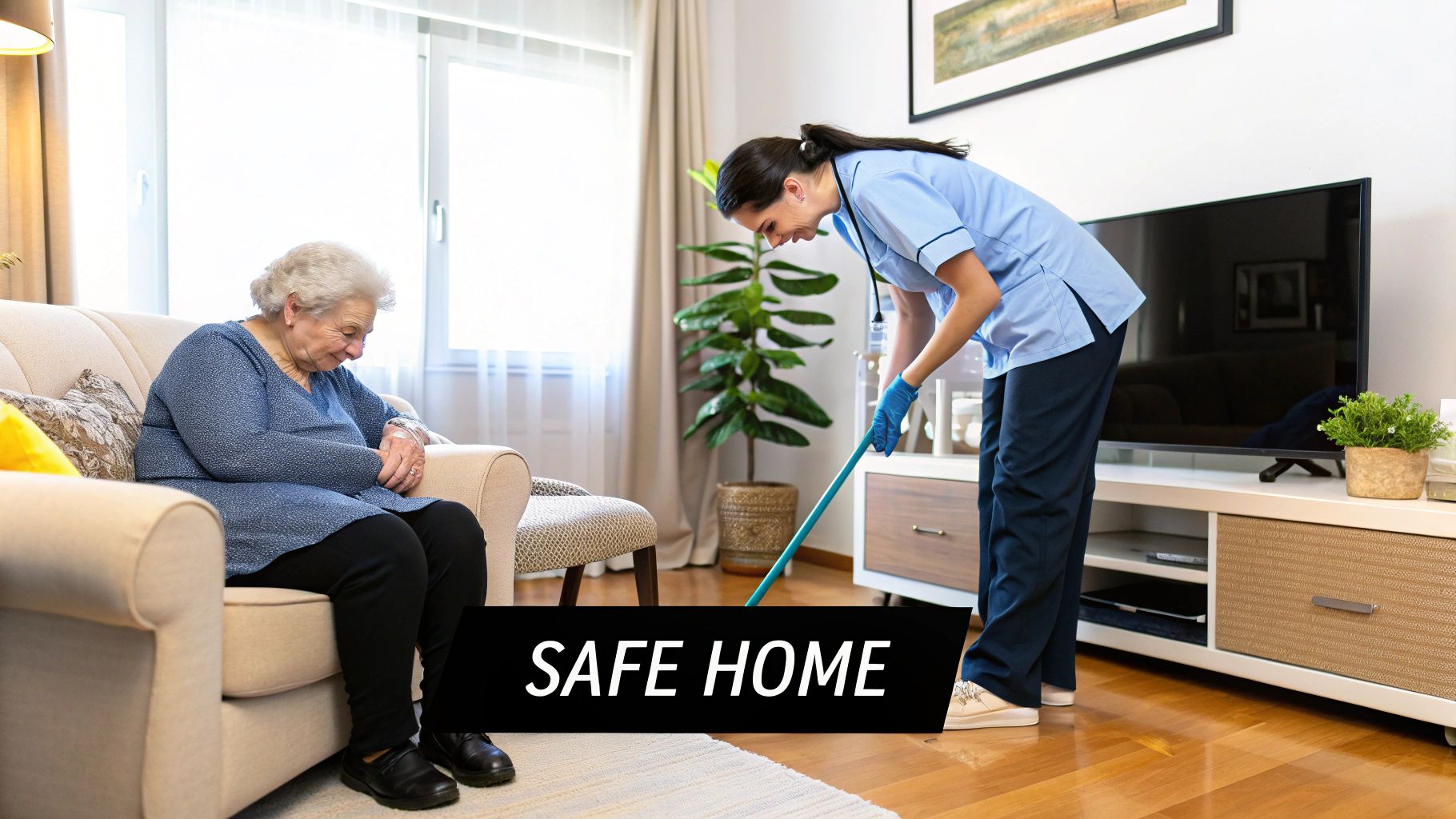 Two people cleaning a kitchen together, representing professional cleaning help for seniors.