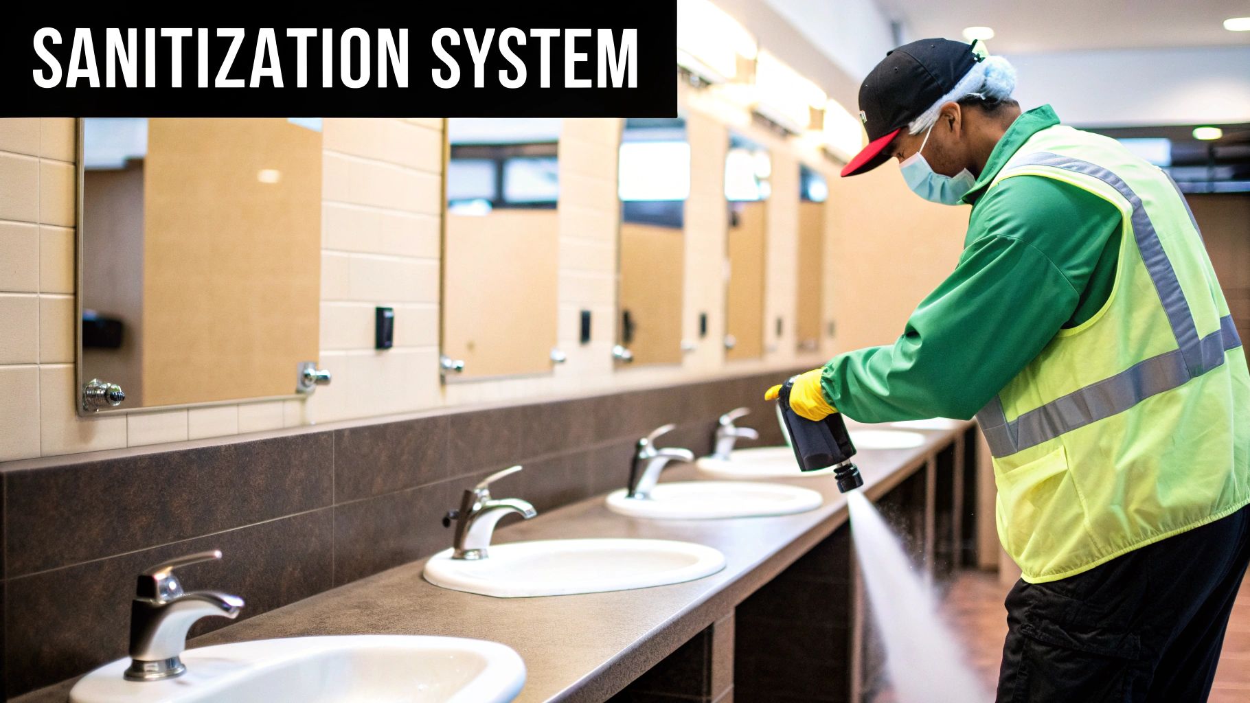A detailed illustration showing a professional cleaner systematically sanitizing a modern bathroom, highlighting key areas like the toilet, sink, and shower.