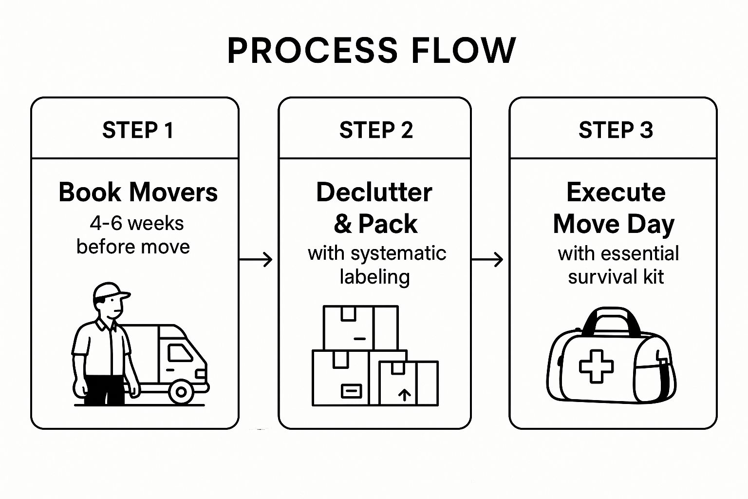 Infographic showing the three-step process for planning and executing a move: book movers, declutter and pack, and execute the move with a survival kit.