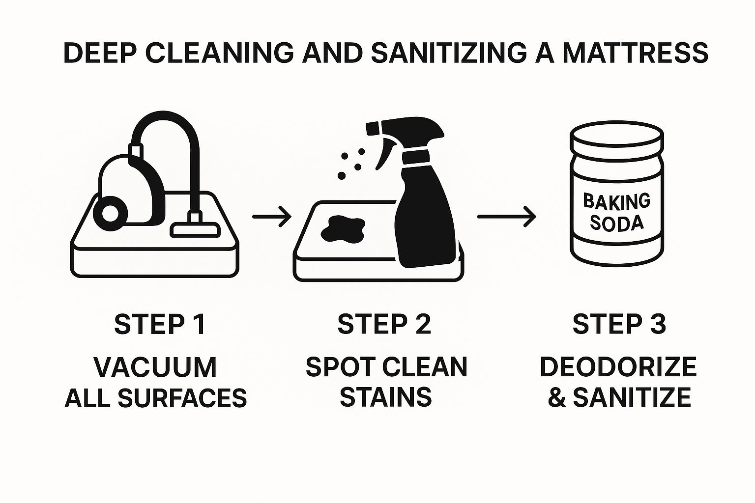 Infographic showing the three-step process for deep cleaning a mattress: Vacuum, Spot Clean, and Deodorize & Sanitize.