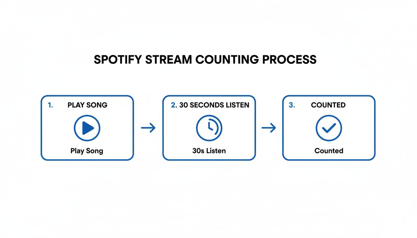 Flowchart detailing the Spotify stream counting process: play song, listen for 30 seconds, then counted.