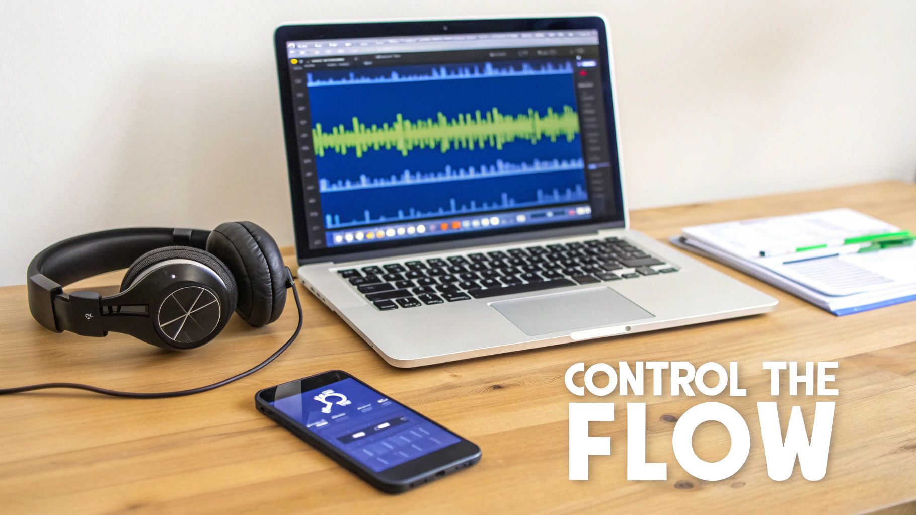 A creative desk setup with a laptop displaying audio waveforms, headphones, a smartphone, and documents, implying audio production.