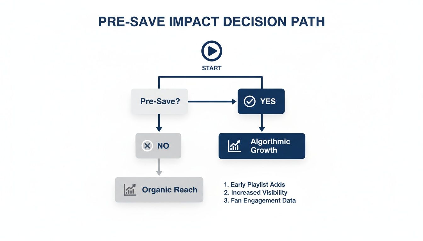 Flowchart illustrating the pre-save impact decision path, leading to algorithmic growth or organic reach.