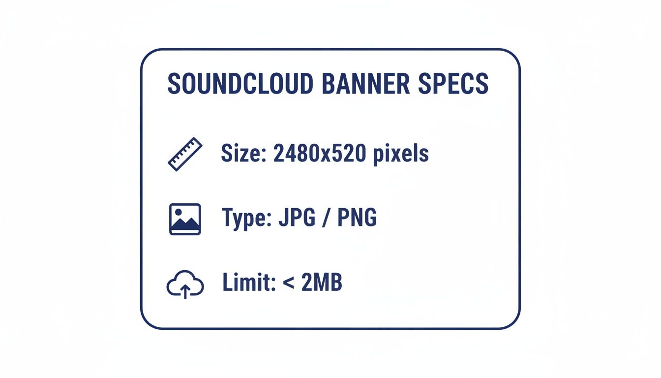 SoundCloud banner specifications outline image size, file type (JPG/PNG), and file limit.