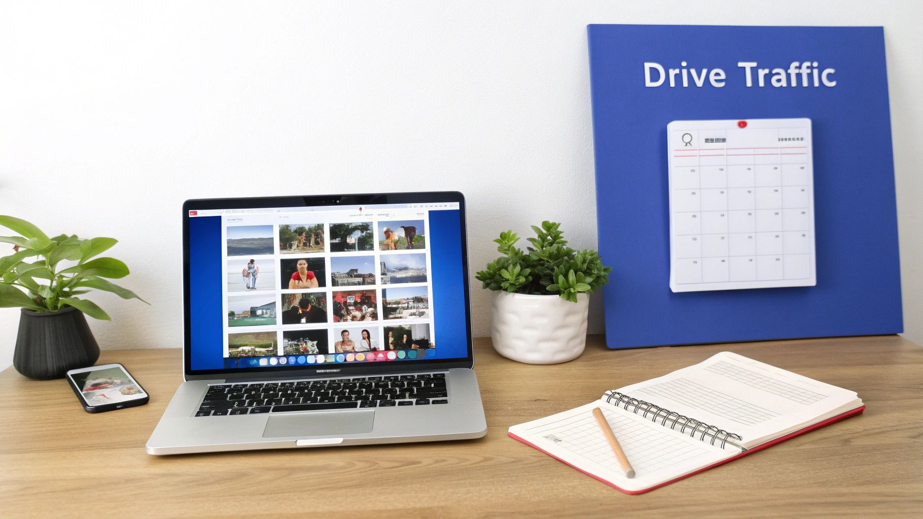 A busy desktop workspace featuring a laptop displaying photos, smartphone, plants, notebook, and a 'Drive Traffic' board.