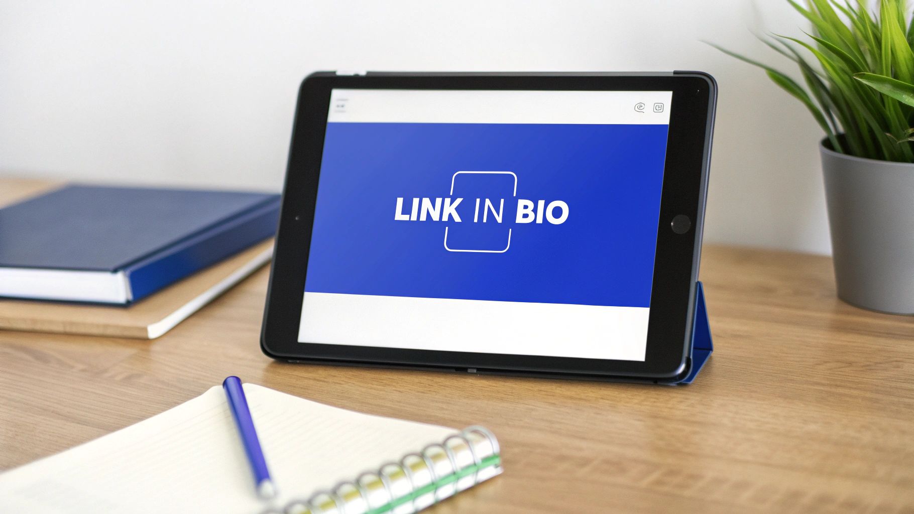 A tablet on a wooden desk displays 'LINK IN BIO' on its blue screen, beside a notebook and pen.