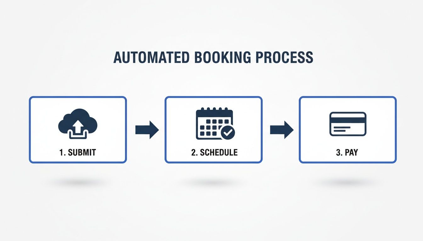 An automated booking process flowchart showing three steps: submit, schedule, and pay.