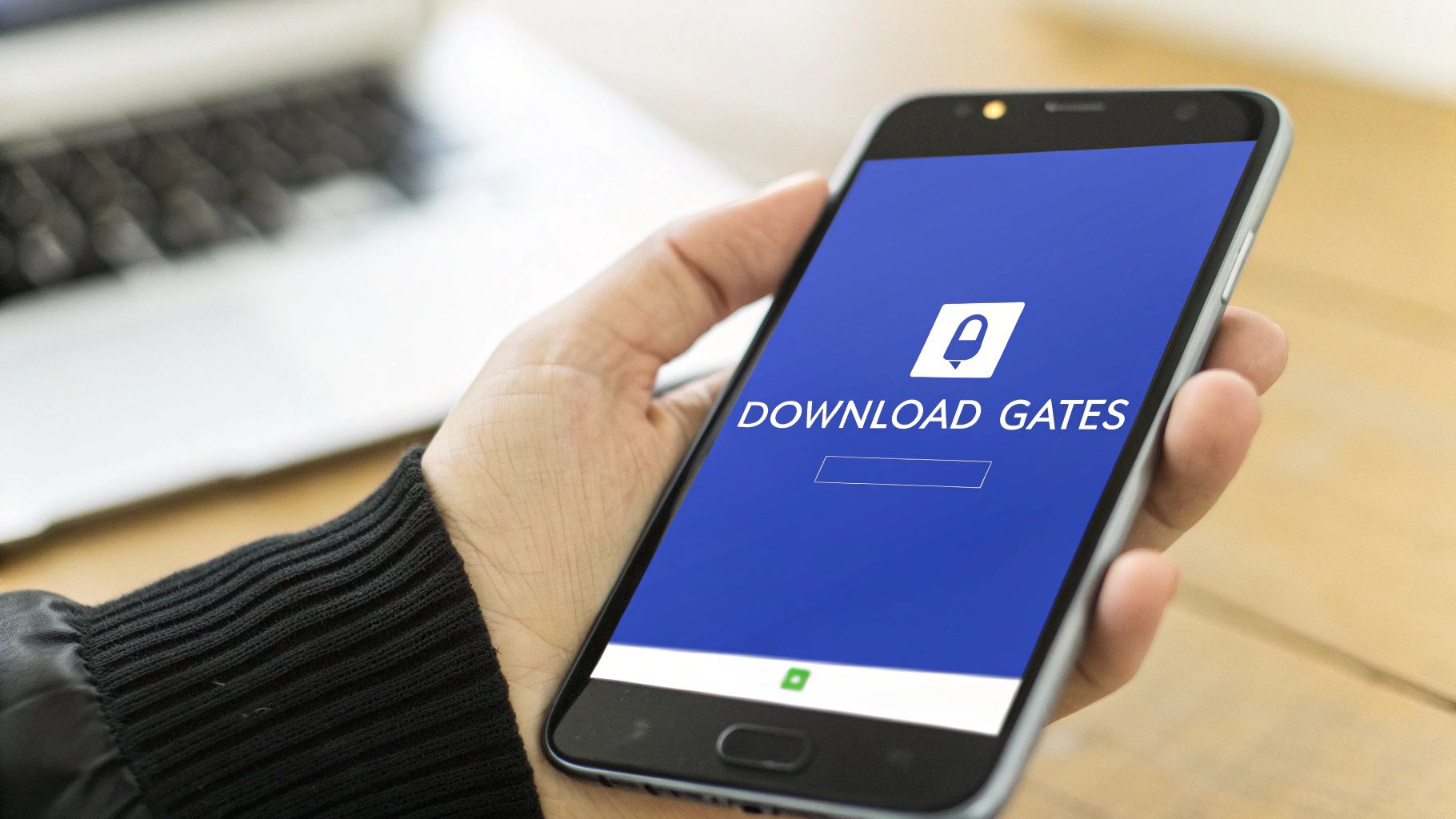 Hand holding a smartphone displaying 'DOWNLOAD GATES' with a lock icon, suggesting secure file access.