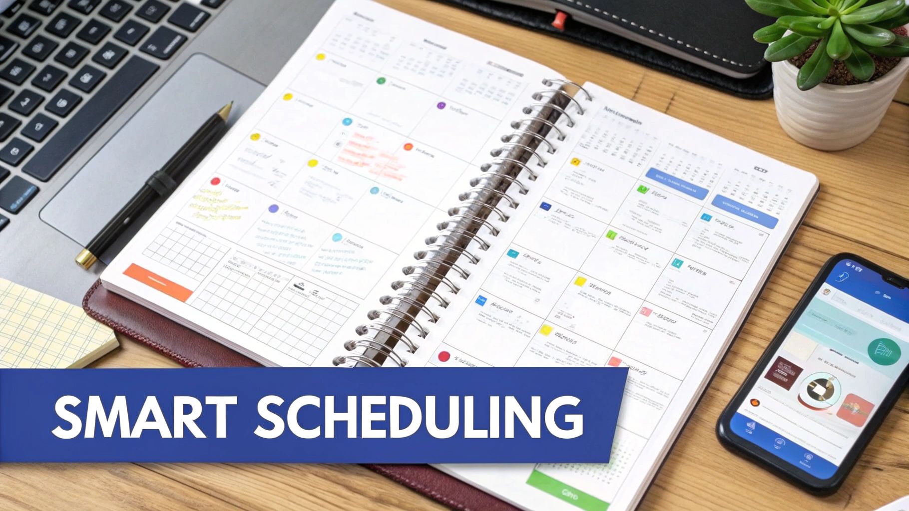 Overhead view of a desk with a planner, laptop, phone, and 'Smart Scheduling' banner.