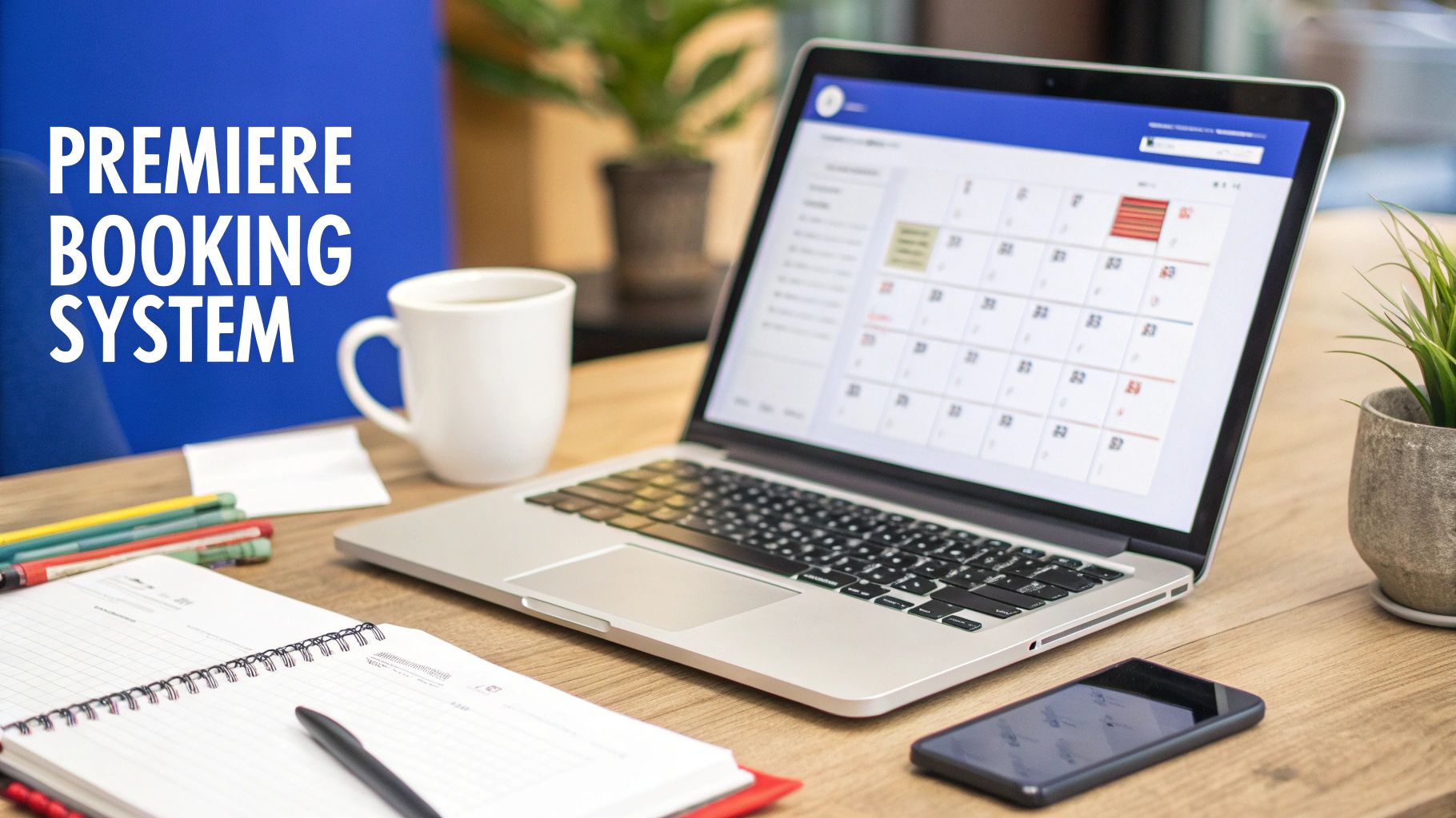 Laptop displaying a premiere booking system calendar on a clean wooden desk with a coffee cup, notebook, and smartphone.
