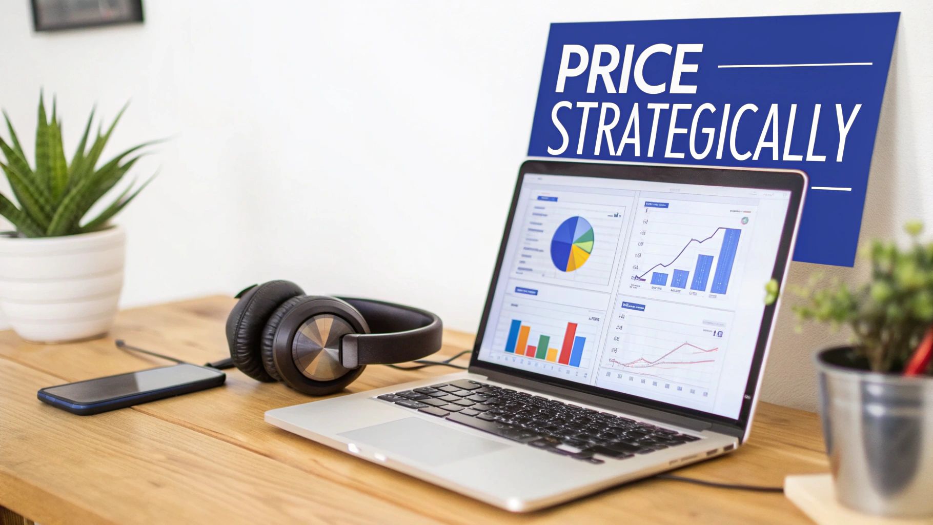 Workspace with a laptop displaying financial data, headphones, a smartphone, and a sign 'PRICE STRATEGICALLY'.