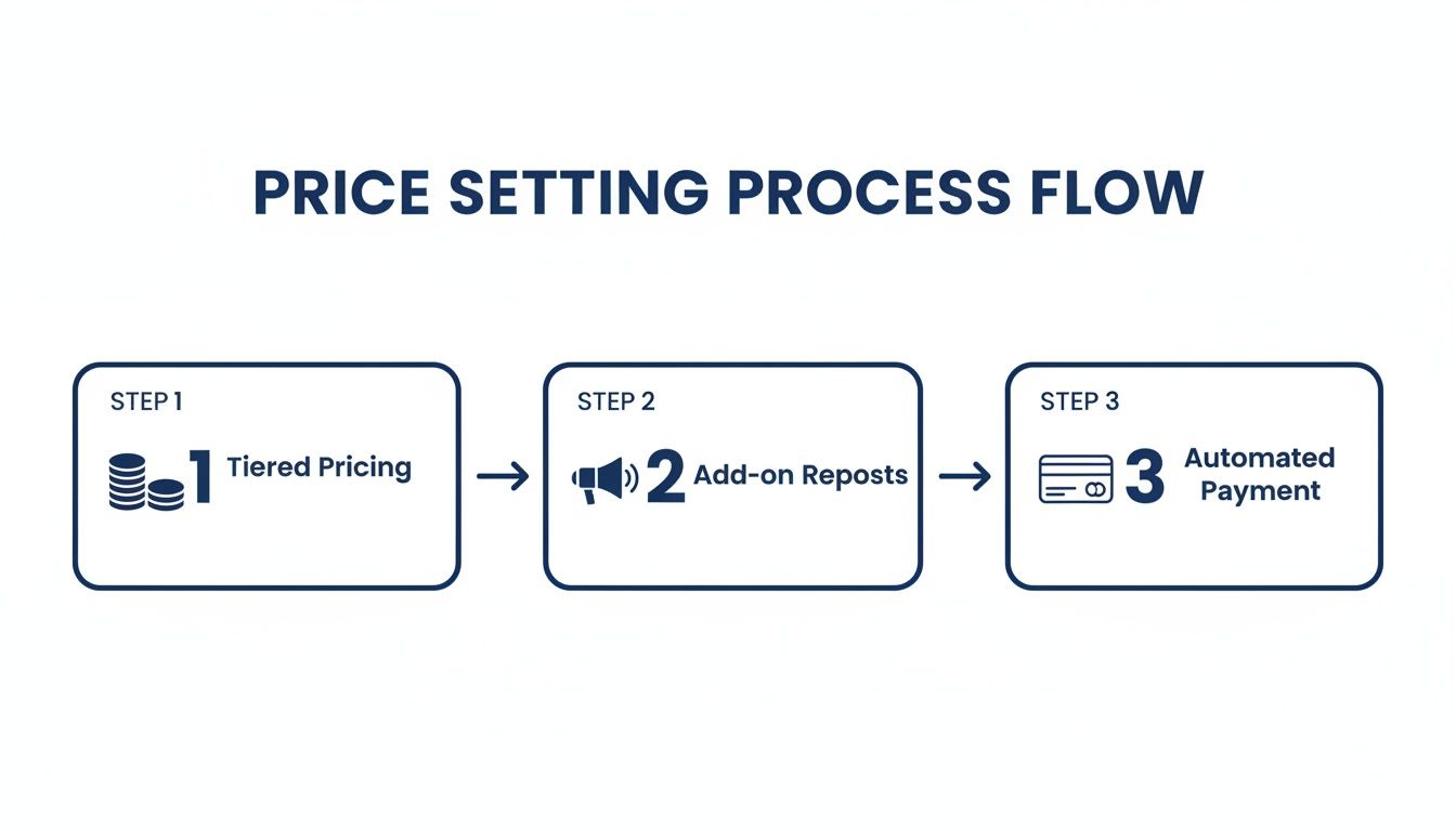 A flowchart showing a three-step price setting process: tiered pricing, add-on reposts, and automated payment.
